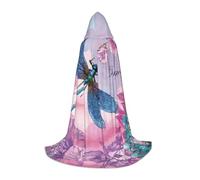 PHAYAH Pink Flower And Blue Dragonfly Pattern Halloween Adult Hooded Robe Cape, Women'S Men'S Halloween Dress Up Party Cosplay Costumes L