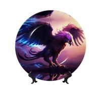 PHAYAH Purple Flame Griffin Pattern Bone China Decorative Plate Ceramic Dinner Plates Crafts With Vertical Stand For Home Office Decor 8in