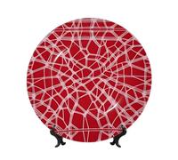 PHAYAH Red And White Lines Pattern Bone China Decorative Plate Ceramic Dinner Plates Crafts With Vertical Stand For Home Office Decor 8in