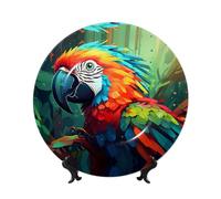 PHAYAH Red-Headed Parrot Printing Bone China Decorative Plate Ceramic Dinner Plates Crafts with Vertical Stand for Home Office Decor 8in