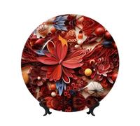 PHAYAH Red Paper Flower Pattern Bone China Decorative Plate 10in with Display Stand Dinner Plates for Home Study and Entryway Office Decor