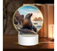 PHAYAH Sea Lion On The Rocks Pattern Round Decorative Night Lights with USB Plug in Table Lamp with 3 Light Modes Adjustable for Bedroom Living Room Cafe