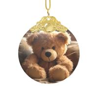Phayah Seated Brown Teddy Bear Pattern Hristmas Glass Round Pendant Christmas Tree Ornaments Homefor Gatherings Decoration Gold Metal Buckle