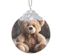 Phayah Seated Teddy Bear Pattern Hristmas Glass Round Pendant Christmas Tree Ornaments Homefor Gatherings Decoration Silver Metal Buckle