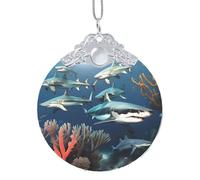 Phayah Sharks Under The Sea Pattern Glass Round Shaped Xmas Tree Ornament Silver Metal Buckle For Family New Year Home Souvenirs Gatherings