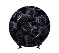 PHAYAH So Many Black Roses Pattern Bone China Decorative Plate Ceramic Dinner Plates Crafts With Vertical Stand For Home Office Decor 8in