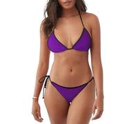 PHAYAH Solid Color Dark Purple Women's String Two Piece Halter Top Triangle Bikini with Tie Sexy Swimsuit Bathing Suits M