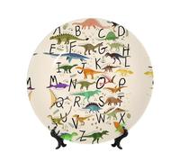 PHAYAH Stylish Learning Alphabets with Dinosaurs Printing Bone China Decorative Plate Ceramic Dinner Plates Crafts with Vertical Stand for Home Office Decor 7in