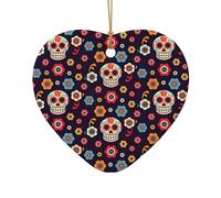 Phayah Sugar Skulls Pattern Ceramic Ornament Christmas Holidays Heart Shape Shaped Porcelain Christmas Tree Hanging