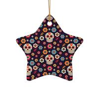Phayah Sugar Skulls Pattern Ceramic Ornament Christmas Holidays Star Shape Shaped Porcelain Christmas Tree Hanging