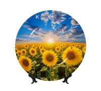 PHAYAH Sunflower Field Pattern Bone China Decorative Plate Ceramic Dinner Plates Crafts With Vertical Stand For Home Office Decor 6in