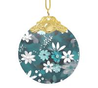 Phayah Teal Grey And White Floral Pattern Hristmas Glass Round Pendant Christmas Tree Ornaments Homefor Gatherings Decoration Gold Metal Buckle