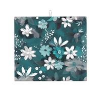 Phayah Teal Grey and White Floral Pattern Kitchen Dish Drying Mat 18x16 Inch Highly Absorbent Kitchen Drying Mat