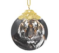 Phayah Tiger At Rest Pattern Glass Round Shaped Xmas Tree Ornament Gold Metal Buckle For Family New Year Home Souvenirs Gatherings