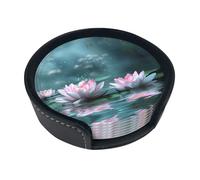 Phayah Two Pink Lotus Blossoms Leather Coasters Set of 6, Equipped with Storage Box for Restaurant Kitchen Office