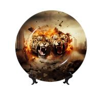 PHAYAH Two Tigers On Fire Pattern Bone China Decorative Plate 10in with Display Stand Dinner Plates for Home Study and Entryway Office Decor