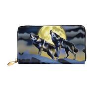 PHAYAH Two Wolves Whistling At The Moon Pattern Wallet Women Leather Wallet Credit Card Holder Clutch Long Ladies Billfold