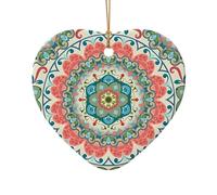 Phayah Vintage Mandala Flowers Pattern Ceramic Ornament Christmas Holidays Heart Shape Shaped Porcelain Christmas Tree Hanging