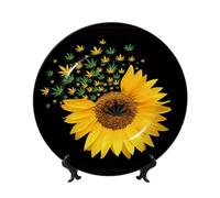 PHAYAH Weed with Sunflower Printing Bone China Decorative Plate Ceramic Dinner Plates Crafts with Vertical Stand for Home Office Decor 6in