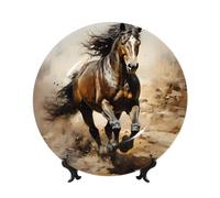 PHAYAH Western Horse Pattern Bone China Decorative Plate 6in Decorative Plates with Display Stand Round Dinner Plates for Home Office Decor