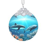 Phayah Whales Under The Sea Pattern Glass Round Shaped Xmas Tree Ornament Silver Metal Buckle For Family New Year Home Souvenirs Gatherings