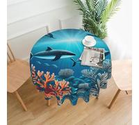 PHAYAH Whales Under The Sea Pattern Tablecloth Round 60 Inch Table Fabric Farmhouse Decorative For Holiday Home Party Buffet Party