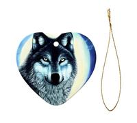 Phayah Wolf Under Moon Pattern Ceramic Ornament Christmas Holidays Heart Shape Shaped Porcelain Christmas Tree Hanging