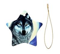 Phayah Wolf Under Moon Pattern Ceramic Ornament Christmas Holidays Star Shape Shaped Porcelain Christmas Tree Hanging