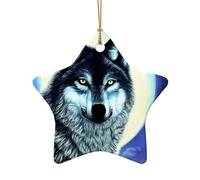 Phayah Wolf Under Moon Pattern Ceramic Star Shape Xmas Tree Ornament New Year Home Souvenirs For Gatherings Hanging Decoration