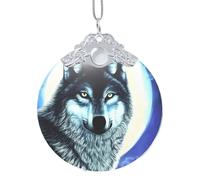 Phayah Wolf Under Moon Pattern Glass Round Shaped Xmas Tree Ornament Silver Metal Buckle For Family New Year Home Souvenirs Gatherings