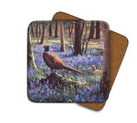 Pheasant Bluebells Drinks Coaster by Wildlife Artist Julian Friers - Individual Pheasant Coaster - Non-Slip, Cork-Backed Table Coaster