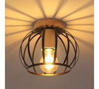 Pheashine Black Vintage Industrial Cage Ceiling Light With Wooden Base, E27 Fitting