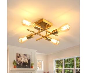 Pheashine Gold Industrial Ceiling Light Fixture, 4-Light Flush Mount Ceiling Light with E27 Bulb Base, Modern Chandelier Ceiling Lighting for Bedroom, Dining Room, Kitchen, Hallway, Entryway