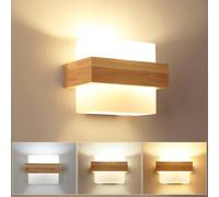 Pheashine Natural Wooden Wall Lamp Square Glass Shade 12W Three-Colour Light in Brown Pheashine Brown