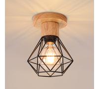 Pheashine Retro Wrought Iron Ceiling Lamp With Wooden Base Black Shade E27 Holder No Bulb