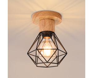 Pheashine Retro Wrought Iron Ceiling Lamp With Wooden Base Black Shade E27 Holder No Bulb