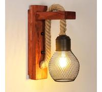 Pheashine Rustic Wood Wall Light with Hemp Rope, Vintage Industrial | Retro Metal Wall Lamp For Bedroom, Living Room, Corridor, Café And Bar Decoration. E27 Bulb Required