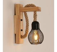 Pheashine Wooden Wall Light Indoor, Industrial Wall Light Sconce with Hemp Rope, Metal Black Wall Lamp with E27 Socket for Living Room, Bedroom, Hallway, Corridor, Cafe Bar