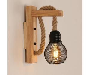 Pheashine Wooden Wall Light Indoor, Industrial Wall Light Sconce with Hemp Rope, Metal Black Wall Lamp with E27 Socket for Living Room, Bedroom, Hallway, Corridor, Cafe Bar