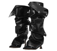 Phefarer Women's Knee High Matte Faux Leather Pointed Toe High Heels Boots Ruched Stiletto Wide Calf Zipper Slouchy Dress Boots, Black, 5 UK