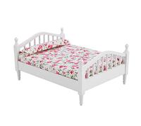 Phefop 1/12 Scale Dollhouse Double Bed, Flower Pattern Miniature Furniture with Wood Frame and Cloth Mattress, Realistic Doll Bedroom Accessory for Adult Collectors and Children's Play