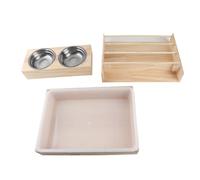 Phefop Wooden Rabbit Feeder, 3 in 1 Manger with 2 Bowls and Litter Box, Solid Wood Large Capacity Holder, Anti Tipping Feeding Station for Guinea Chinchilla Small Animals
