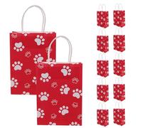 PHENOFICE 12Pcs Red Dog Paw Paper Bags with Handles, Square Bottom Medium-Sized Wrapping Bags for Festival Candy, Present Storage, and Treat Packaging