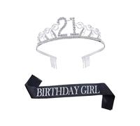 PHENOFICE 21st Birthday Rhinestone Crown Hair Comb and Printed Party Sash Set, Crystal Tiara Head Accessory with Etiquette Belt for Birthday Girl Celebration