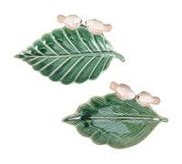 PHENOFICE 2pcs Ceramic Bird Bath Bowls for Small Birds and Hummingbirds, Leaf Shaped with Smooth Glazed Surface and Nonslip Design, Outdoor Water Dish for Garden, Park, or Year-round Use