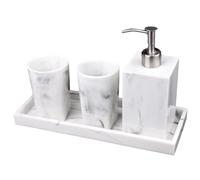 PHENOFICE Elegant Black Marble Soap Dispenser Set with Organizing Tray and Two Toothbrush Cups, Resin Bathroom Accessory for Kitchen or Wedding Use, Modern Design for Organising Bathroom