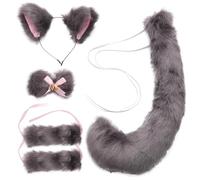 PHENOFICE Fox Ear and Tail Cosplay Set 5pcs Plush Accessories Kit with Headband and Neckwear, Dark Ears Tail for Party, Stage Performance, and Costume Role Play