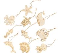 PHENOFICE Natural Wood Ocean Animal Cutouts 60Pcs Wooden Shapes with Jute Rope for DIY Crafting and Home Decoration, Marine Animals Turtle, Octopus, Crab