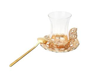 PHENOFICE Vintage Coffee Cup Set with Gold Trim, 3pcs Glass Tea and Milk Cups with Spoons, European Style Glassware for Home and Restaurant Use
