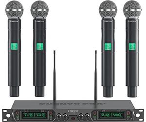 Phenyx Pro Wireless Microphone System, 4-Channel UHF Wireless Mic, Fixed Frequency Metal Cordless Mic with 4 Handheld Dynamic Microphones, 260ft Range, Mics for Singing, Church(PTU-5000-4H)